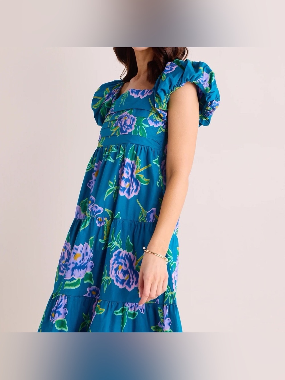 Peach Love Teal Tiered Maxi Dress with Puff Sleeves in Purple Floral, Small - Picture 3 of 11